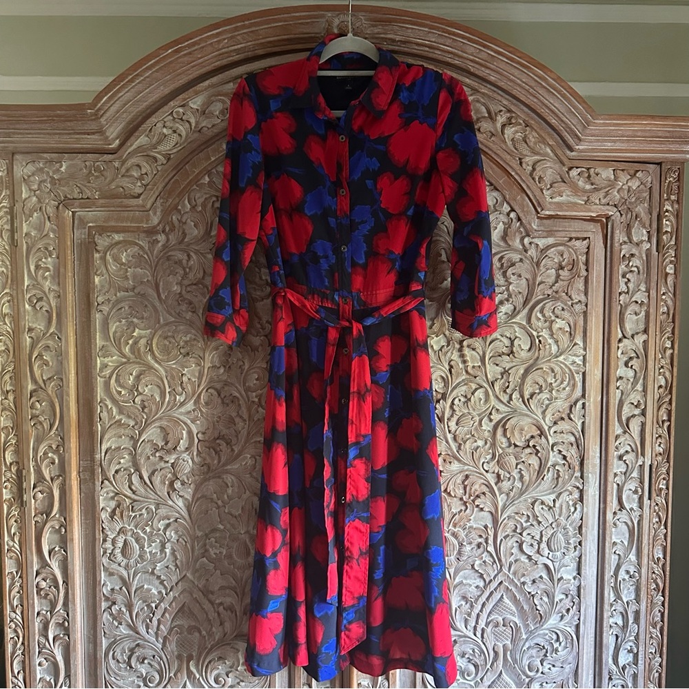 Banana Republic Red and Blue Floral Long Sleeve Dress